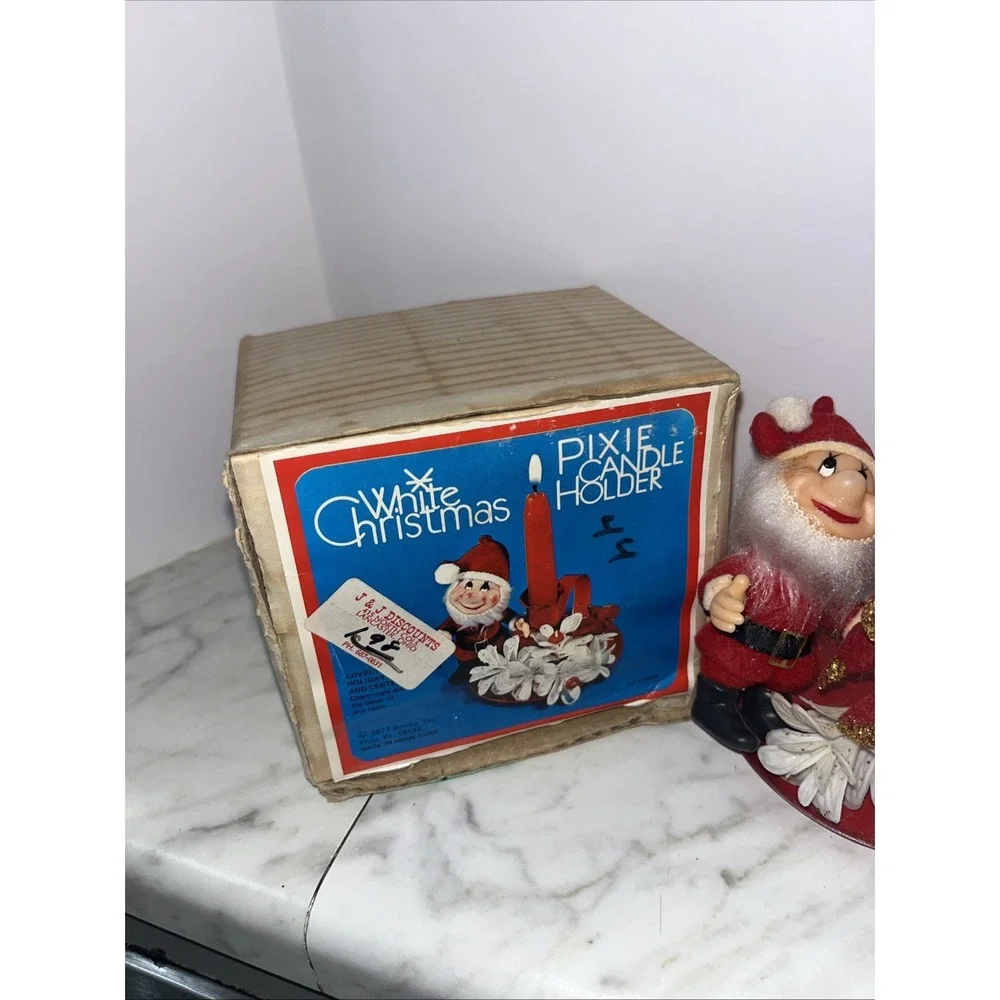 1977 VTG Christmas Pixie Candle Holder w Flowers Bird Amico  Original Box